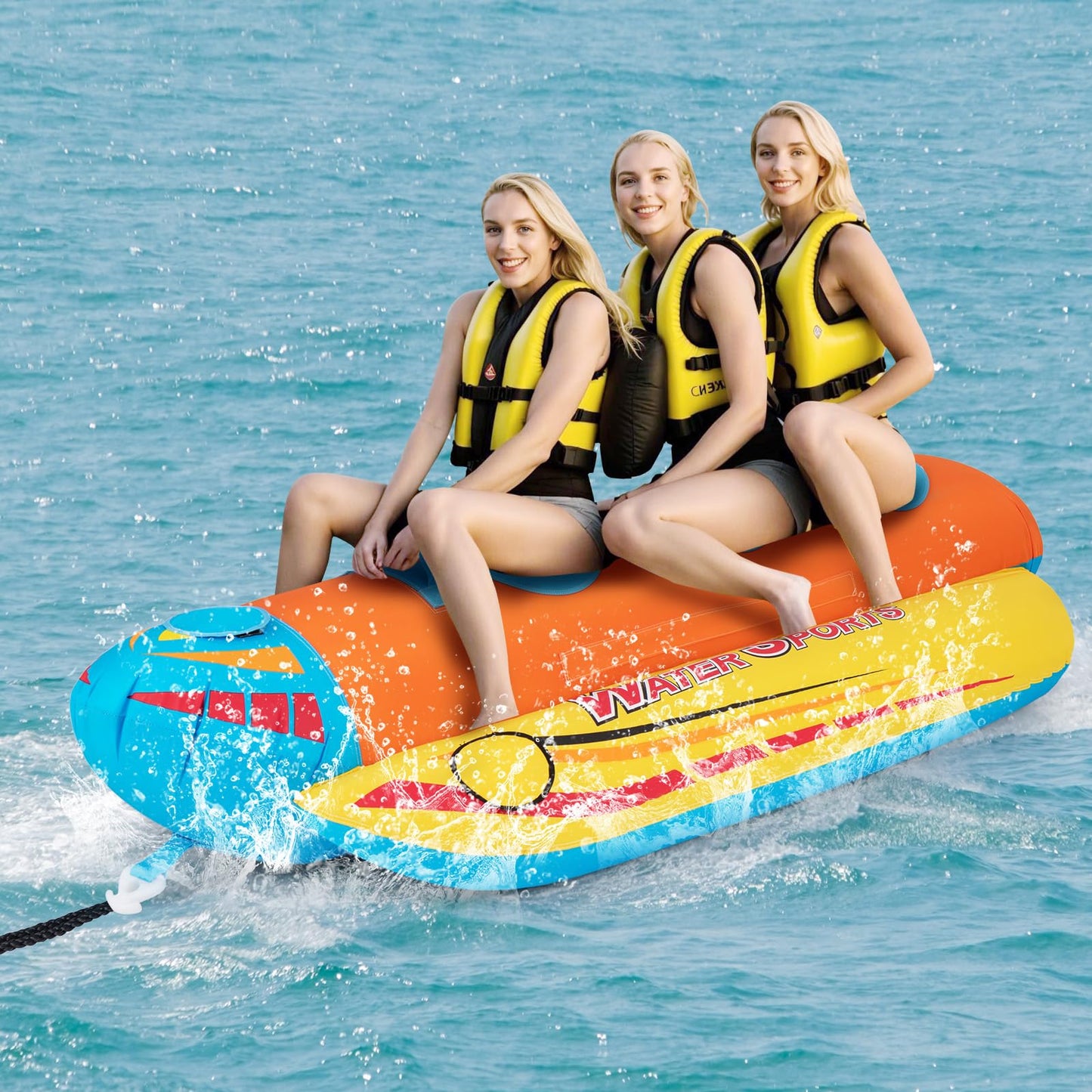 Inflatable Towable Tubes for Boating, Water Sports Banana Boat with 3 EVA-padded Seats for Towing Rider