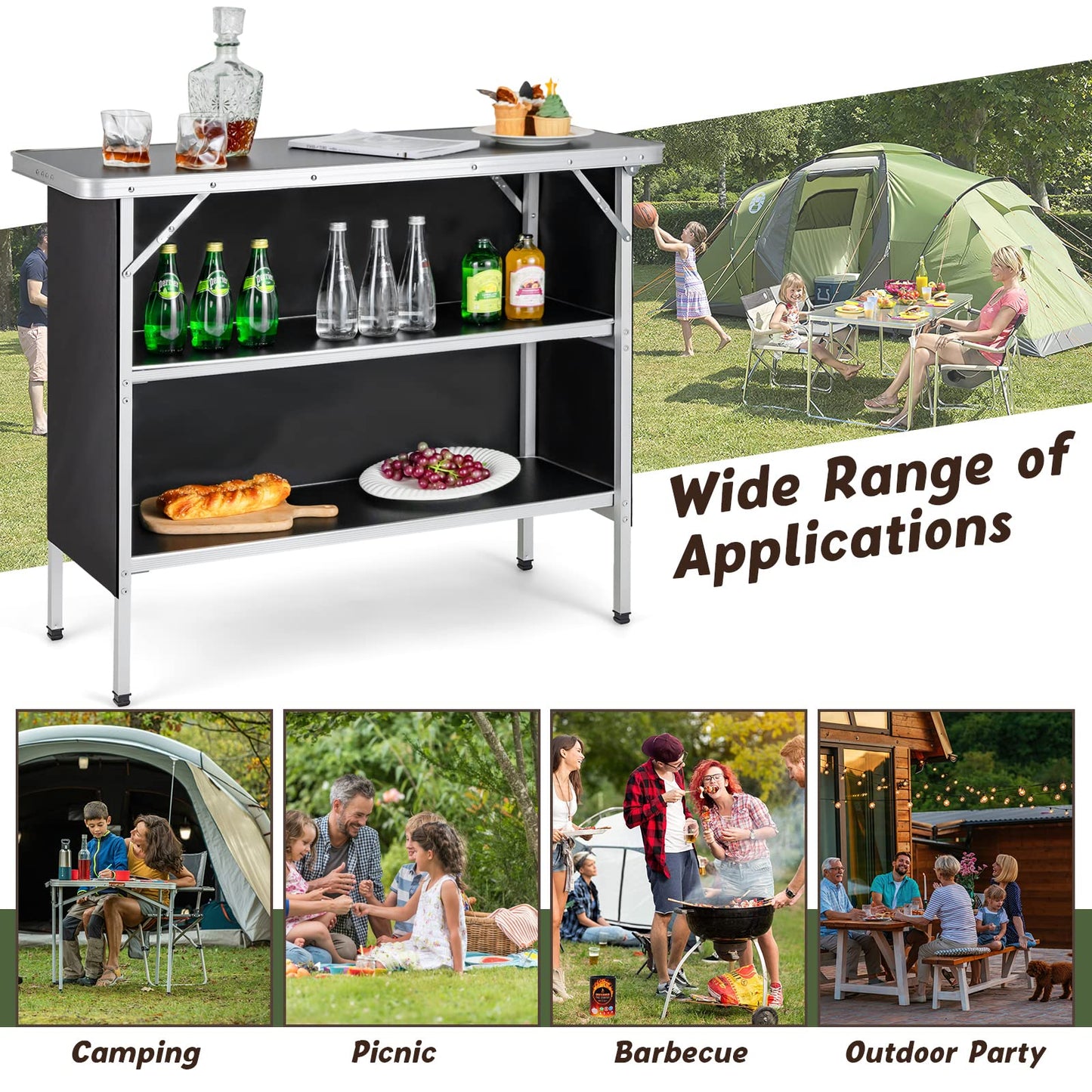 Goplus Folding Camping Table, Aluminum Portable Pop-Up Bar Table with 2-Tier Storage Shelves