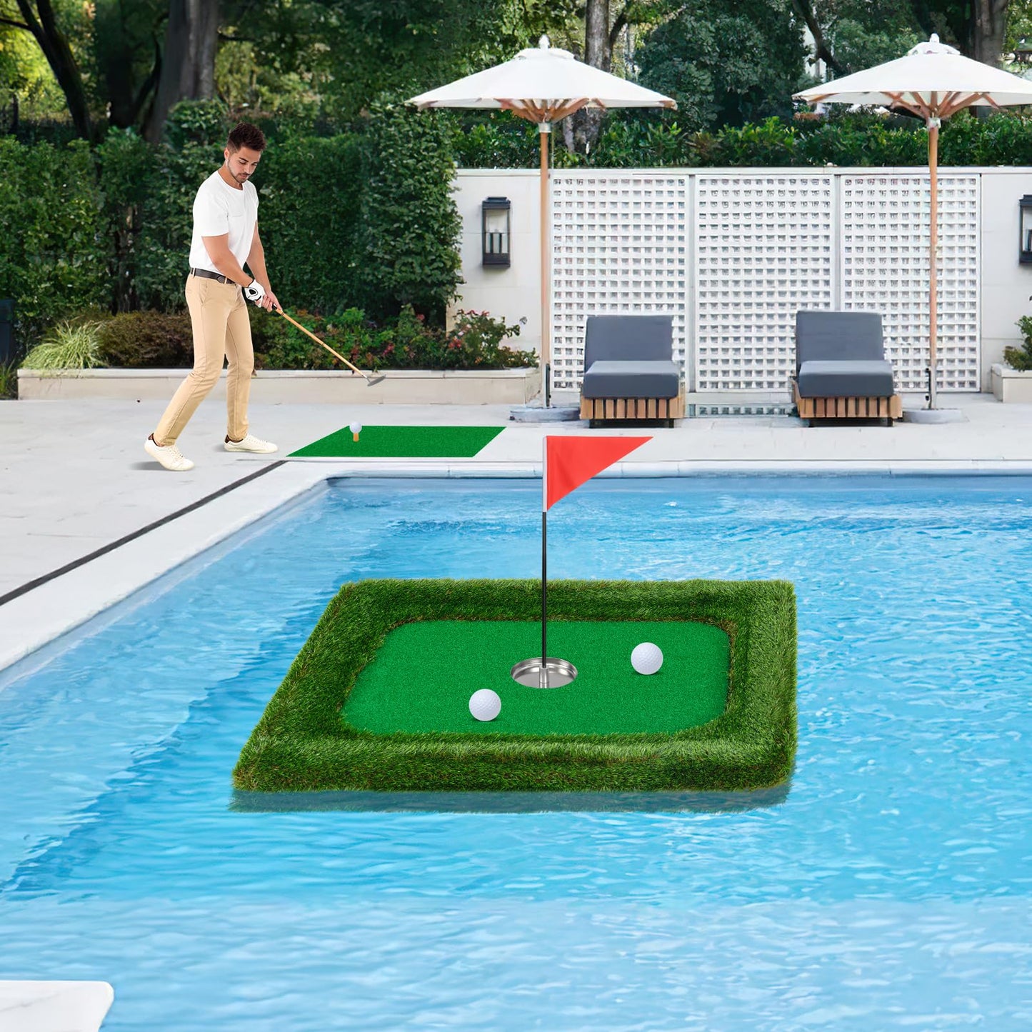 Floating Golf Green for Pool, Chipping Green Mat w/Hitting Mat, Golf Balls, Rectangle, 37.5" x 25.5"
