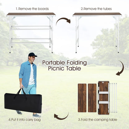 Goplus Folding Camping Table, Aluminum Portable Pop-Up Bar Table with 2-Tier Storage Shelves