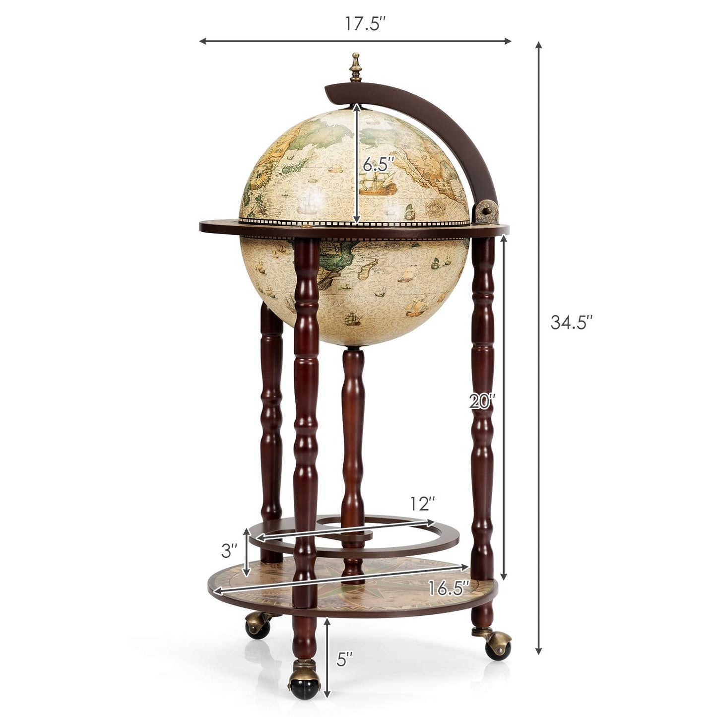 17" Wood Globe Wine Bar Stand 16th Century Italian Rack Liquor Bottle Shelf