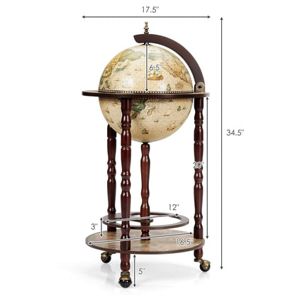 17" Wood Globe Wine Bar Stand 16th Century Italian Rack Liquor Bottle Shelf