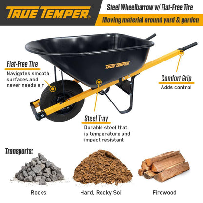 True Temper R6STFFEC 6 cu. ft. Barrow in a Box Steel Wheelbarrow with Never Flat Tire and Steel Handles