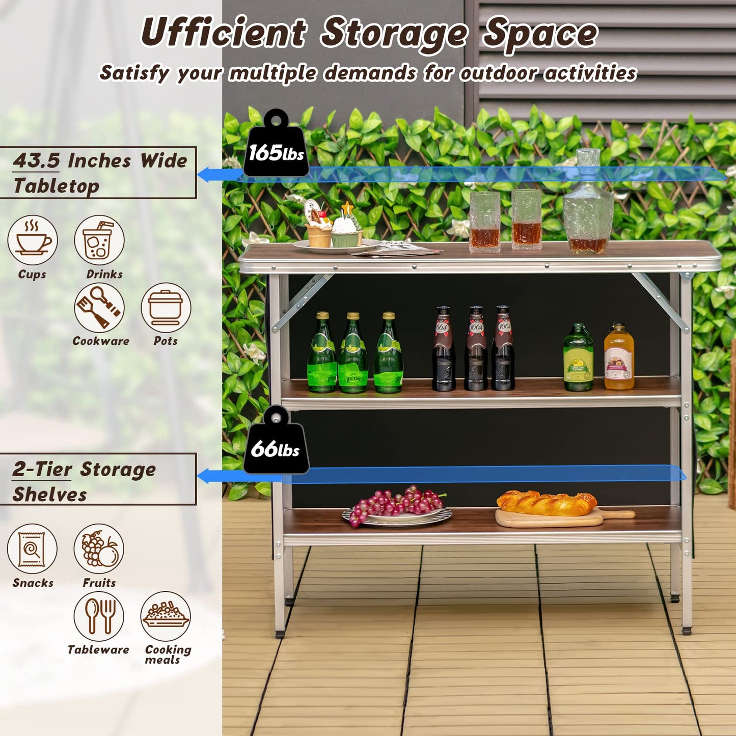 Goplus Folding Camping Table, Aluminum Portable Pop-Up Bar Table with 2-Tier Storage Shelves