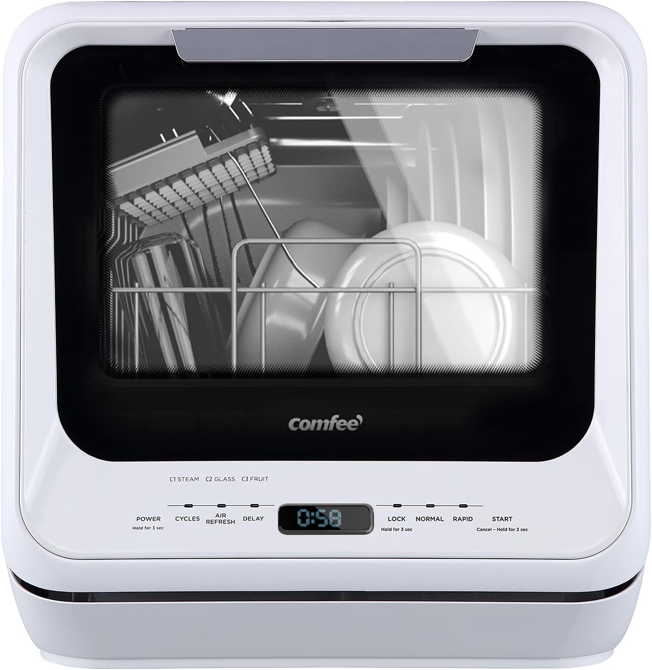 COMFEE' Portable Dishwasher Countertop with 5L Built-in Water Tank, No Hookup Needed, 6 Programs, 360?? Dual Spray, 192?H High-Temp& Air-Dry Function, Mini Dishwasher for RVs, White