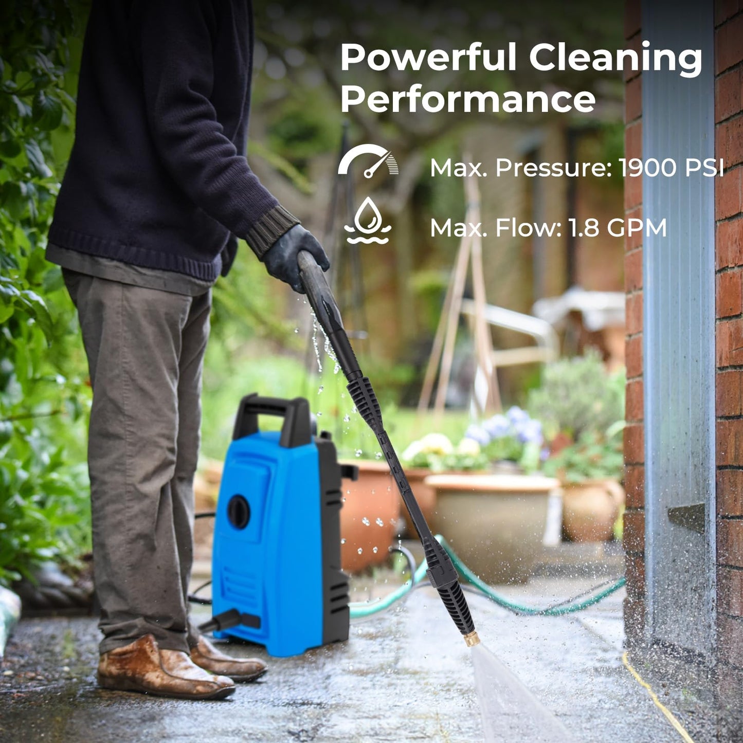 Electric Pressure Washer, 1900 PSI 1.8 GPM High Pressure Power Washer w/ 4 Quick Connect Nozzles