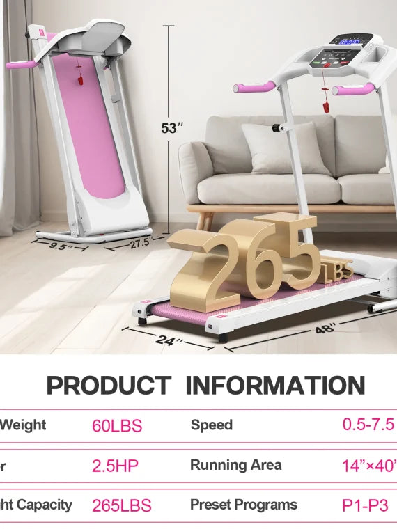 FYC Foldable Treadmills for Home, 2.5 HP, 7.5 MPH, Electric Running Treadmill Quiet Brushless Proform Treadmill for Home Gym, Running Machine with Heart Rate Sensor with LED Display (Pink)