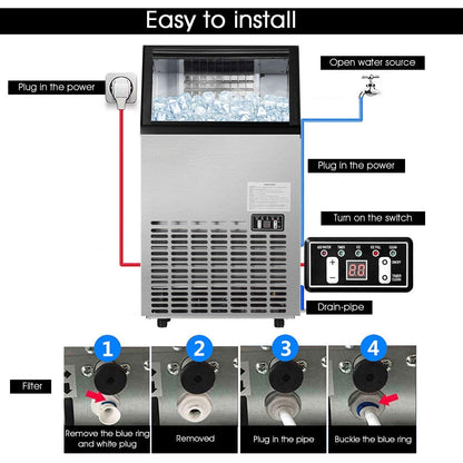 Commercial Home Ice Maker Machine, Built-in Stainless Steel Electric Ice Cube Maker, 33lbs Storage Capacity & Ice Shovel