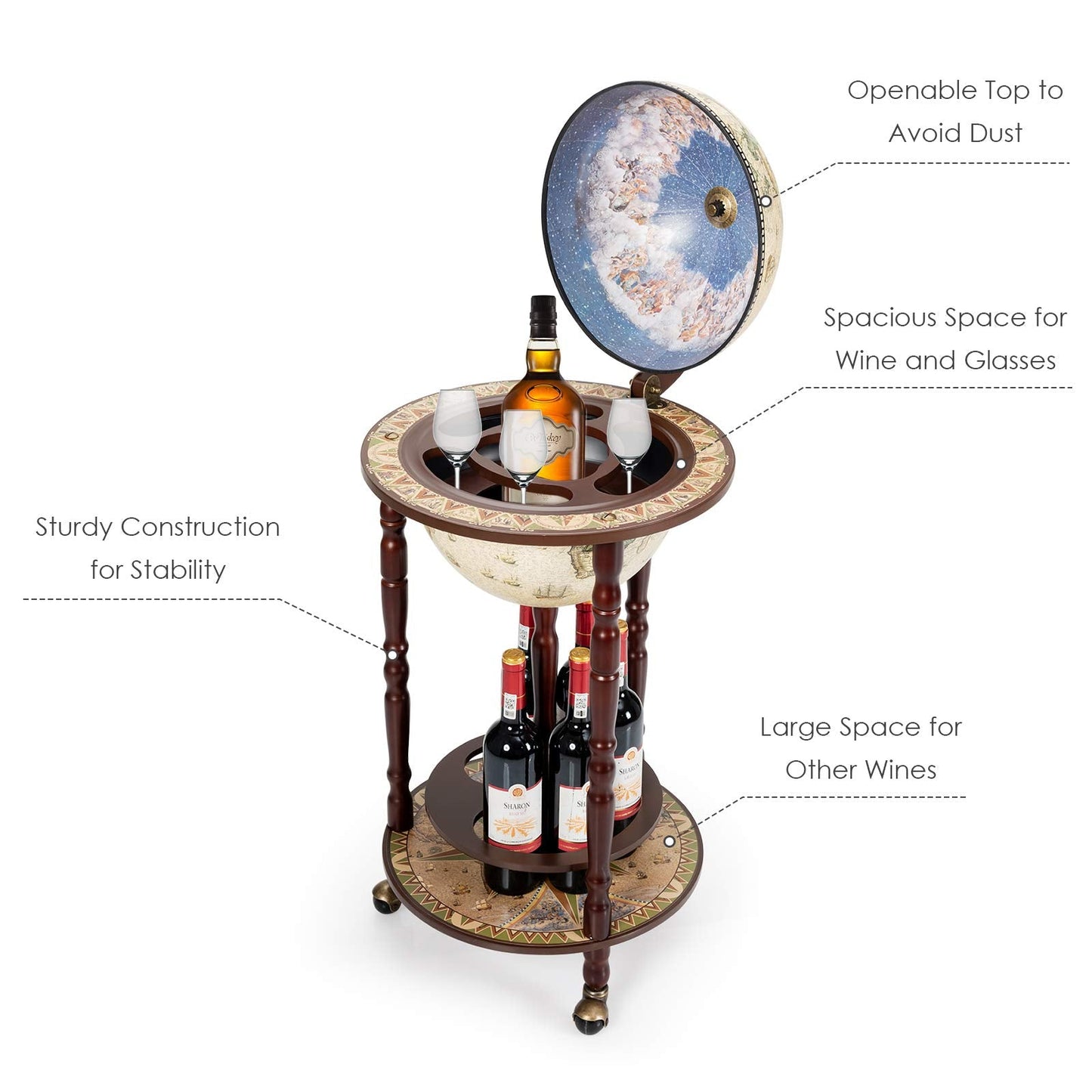 17" Wood Globe Wine Bar Stand 16th Century Italian Rack Liquor Bottle Shelf