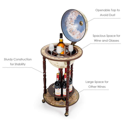 17" Wood Globe Wine Bar Stand 16th Century Italian Rack Liquor Bottle Shelf
