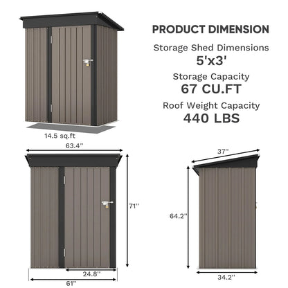 Patiowell 5x3 FT Outdoor Storage Shed for Backyard Garden Patio Lawn