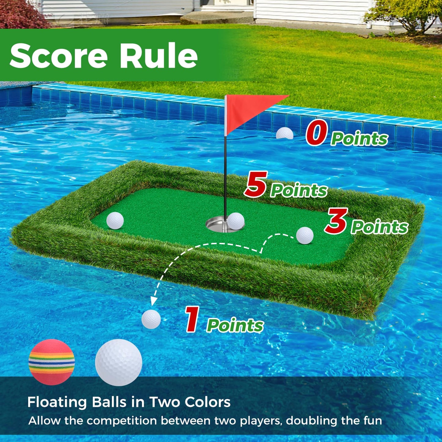 Floating Golf Green for Pool, Chipping Green Mat w/Hitting Mat, Golf Balls, Rectangle, 37.5" x 25.5"