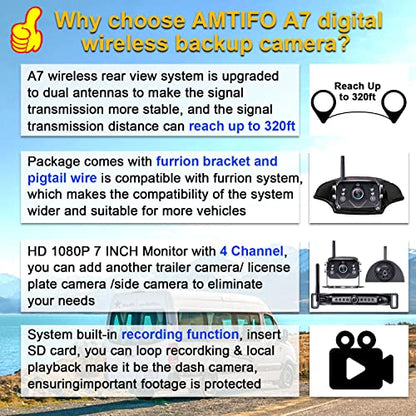 AMTIFO RV Backup Camera Wireless Touch-Key 7-Inch Monitor Split Screen 4 Channels for Campers/5th Wheels
