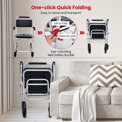 4 in 1 Shower Commode Wheelchair, 330lbs Foldable Bedside Commode Chair for Toilet with Arms