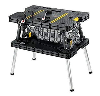 Keter ?C 197283 Folding Table Work Bench for Miter Saw Stand, Woodworking Tools and Accessories with Included 12 Inch Wood Clamps ?C Easy Garage Storage Black/Yellow