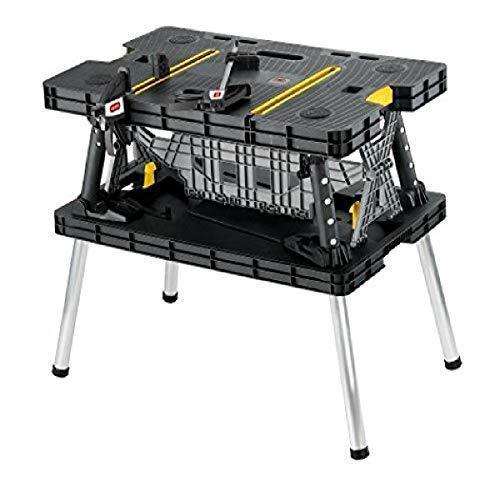 Keter ?C 197283 Folding Table Work Bench for Miter Saw Stand, Woodworking Tools and Accessories with Included 12 Inch Wood Clamps ?C Easy Garage Storage Black/Yellow