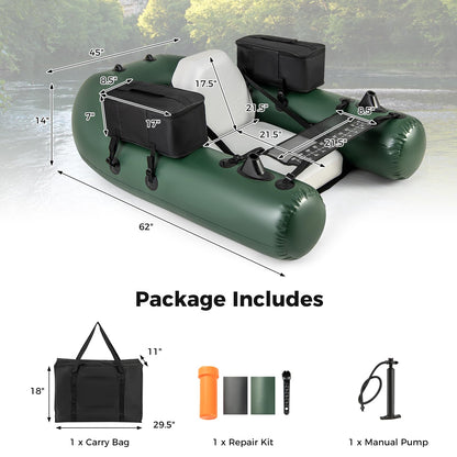Inflatable Float Tube, Fishing Belly Boat with Fish Ruler, 2 Detachable Storage Bags, Pump, Carry Bag