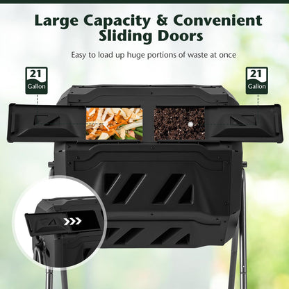 Compost Bin, 42-Gal Dual Chamber Composting Tumbler w/2 Sliding Doors, Heavy-Duty Metal Frame