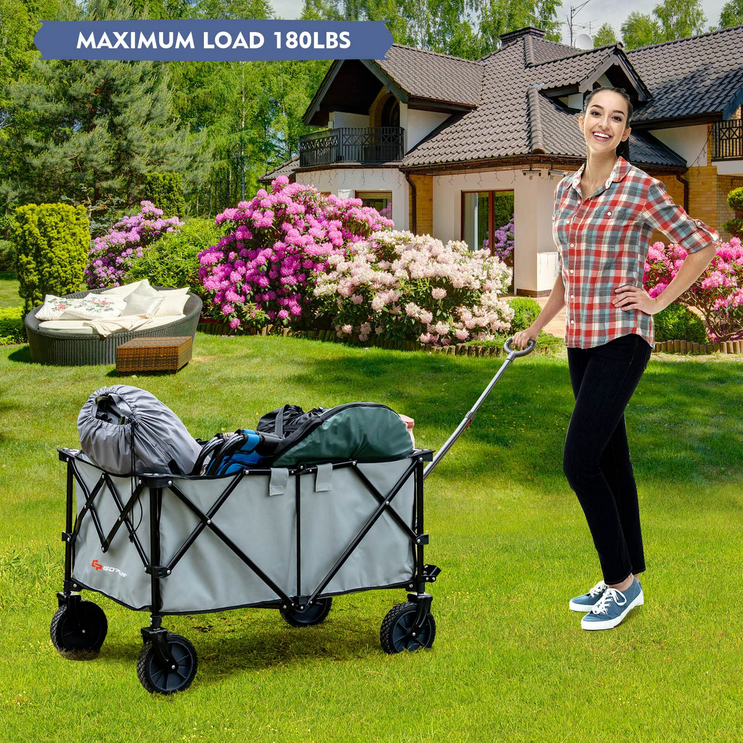 Collapsible Wagon, Folding Utility Wagon Cart w/Universal Wheels & Adjustable Handle & Cover Bag