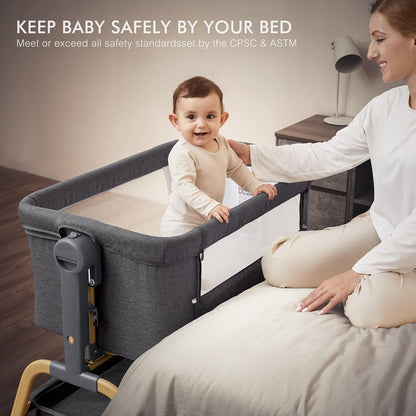 Baby Bassinet, Rocking Bassinets Bedside Sleeper with Comfy Mattress and Wheels, 6 Height Adjustable Easy Folding Portable Bedside Crib for Newborn Infant