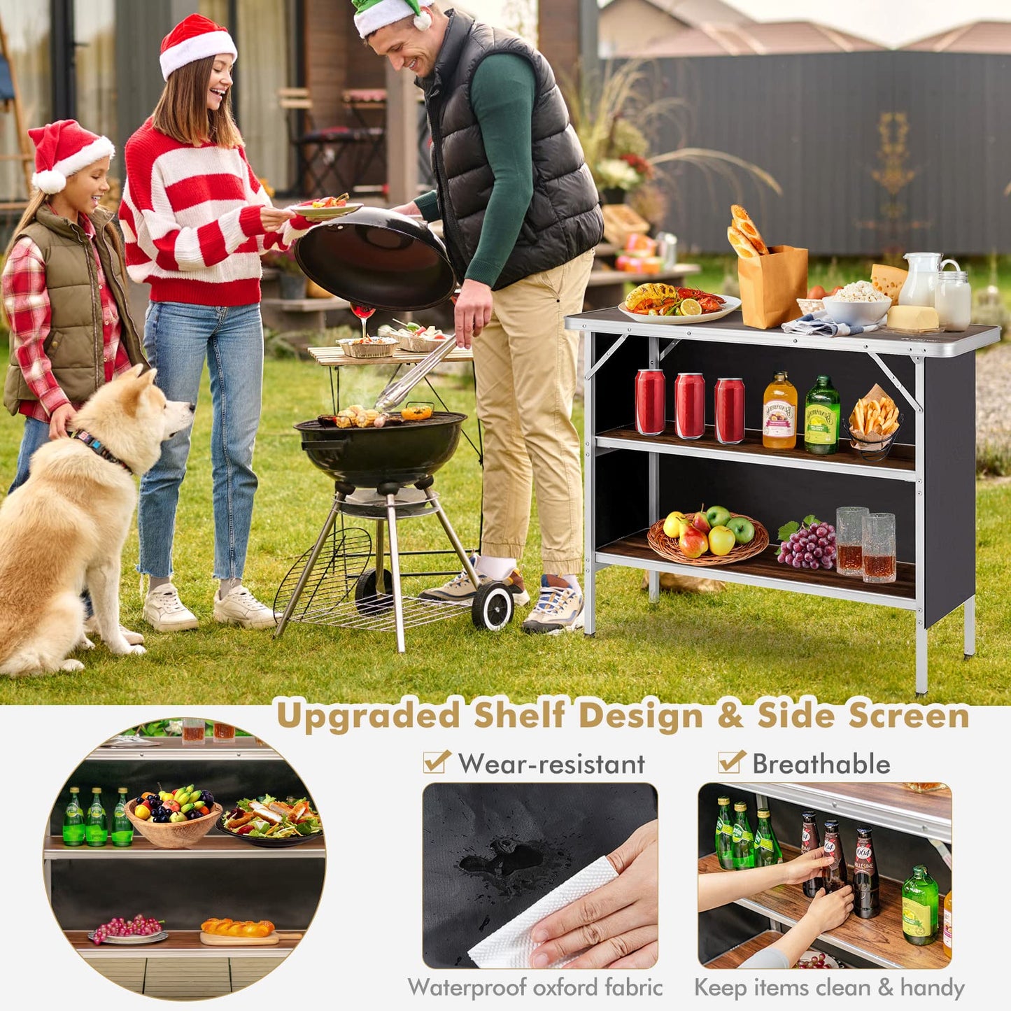 Goplus Folding Camping Table, Aluminum Portable Pop-Up Bar Table with 2-Tier Storage Shelves