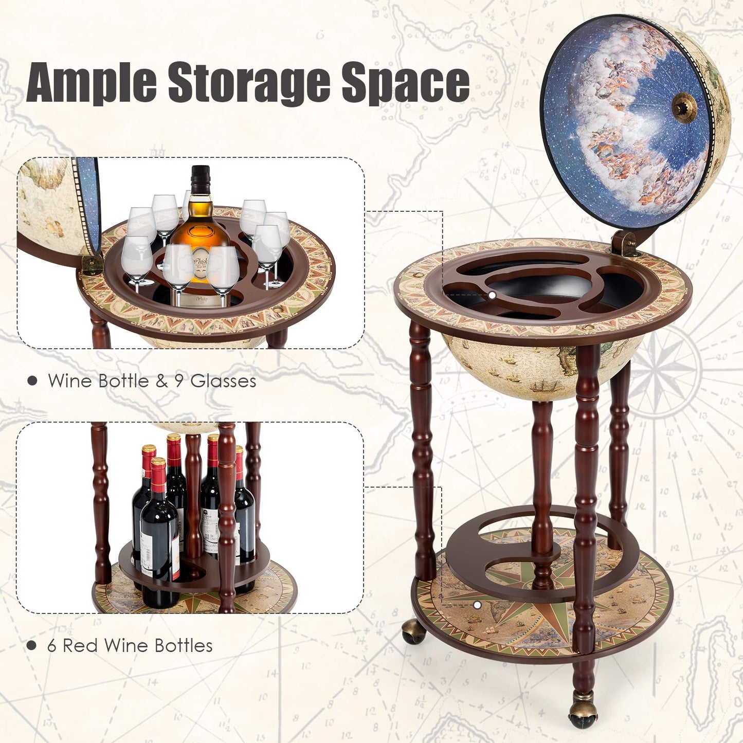 17" Wood Globe Wine Bar Stand 16th Century Italian Rack Liquor Bottle Shelf