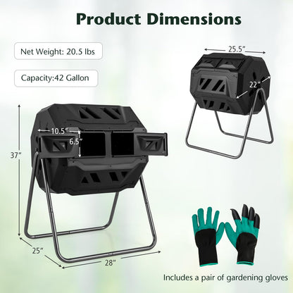 Compost Bin, 42-Gal Dual Chamber Composting Tumbler w/2 Sliding Doors, Heavy-Duty Metal Frame