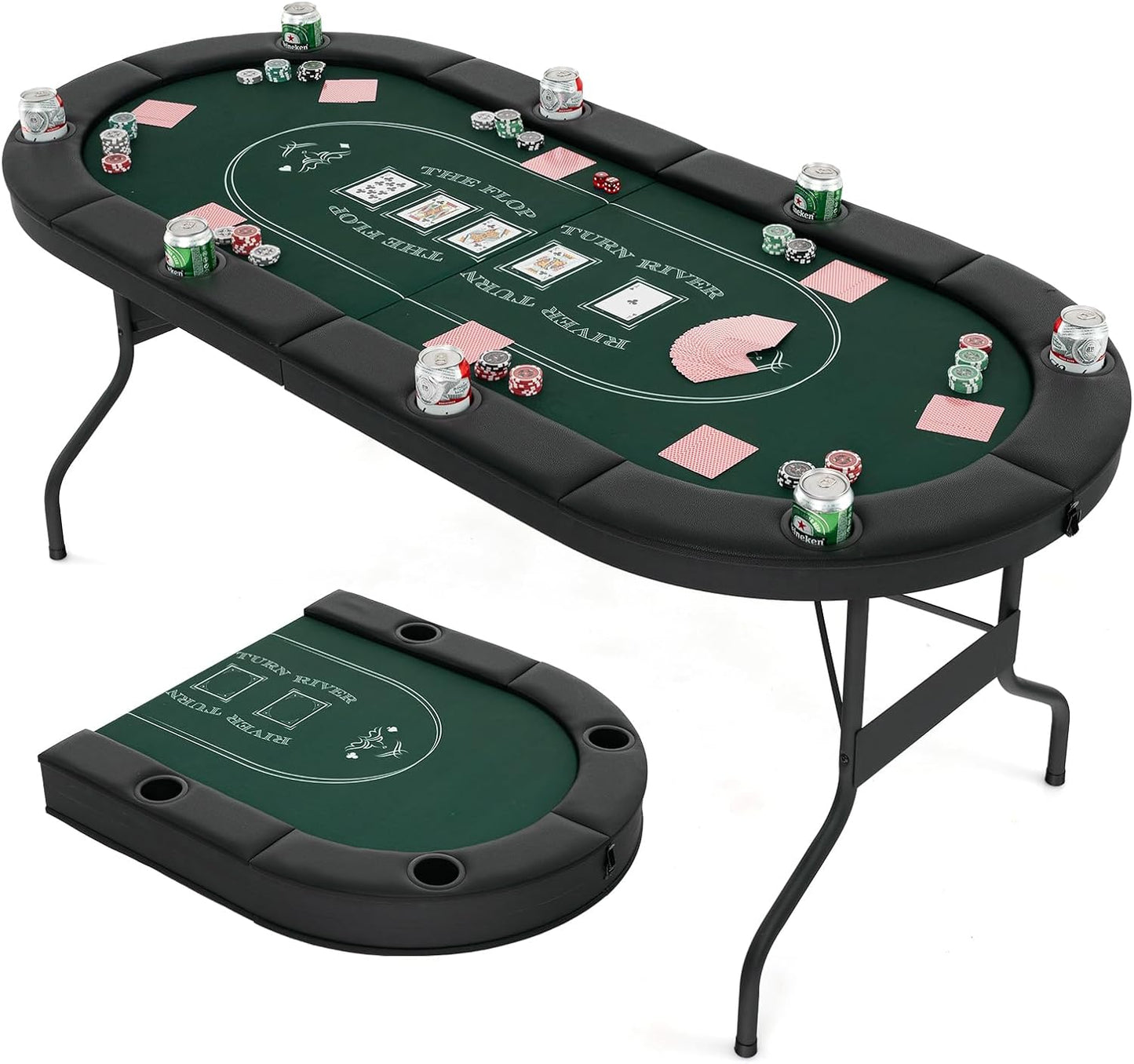 72�?Poker Table Foldable, 8 Players Card Board Game Table w/Deep Metal Cup Holders