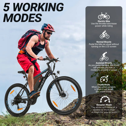 ANCHEER Gladiator 500W 26" Electric Bike for Adults, Electric Mountain Bike with 2.1 Inch eMTB Tire, 48V 10.4Ah Battery, 3H Fast Charge, Shimano 21 Speed, Adults Electric Bicycle