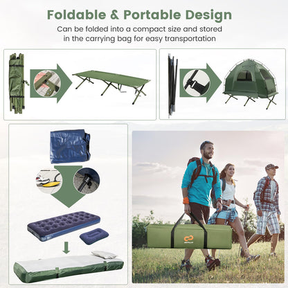 Camping Tent Cot, 5-in-1 Folding Camping Bed with Air Mattress, Pillow, Sleeping Bag, Waterproof Elevated Tent Shelter