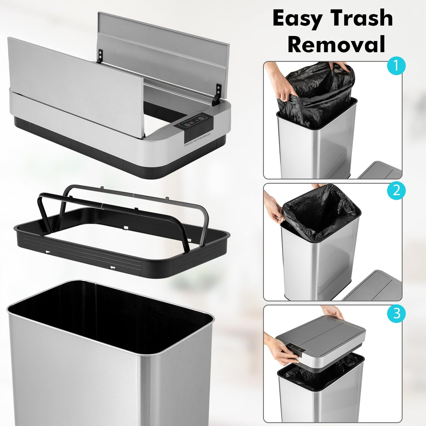 Slim Kitchen Trash Can, 13.2 Gallon Motion Sensor Garbage Bin with Wing Lids, Anti-Fingerprint Touchless Waste Bin