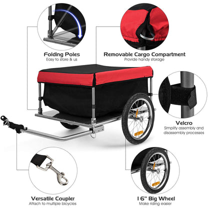 Cargo Bike Trailer, Folding Frame Quick Release 16" Wheels Bicycle Cargo Trailer