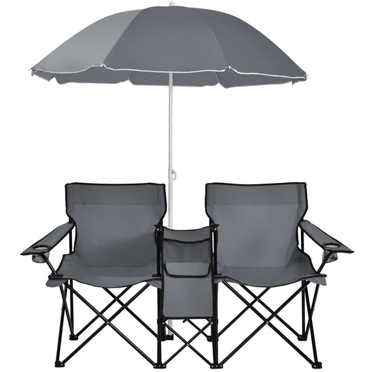 Double Folding Picnic Chairs Umbrella Mini Table Beverage Holder Carrying Bag