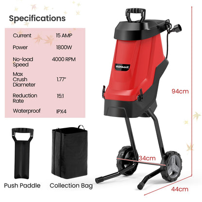 Goplus 15-AMP Electric Wood Chipper and Shredder, Leaf Mulcher with Wheels, Safety Locking Knob