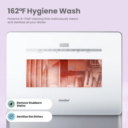 COMFEE' Portable Dishwasher Countertop with 5L Built-in Water Tank, No Hookup Needed, 6 Programs, 360?? Dual Spray, 192?H High-Temp& Air-Dry Function, Mini Dishwasher for RVs, White