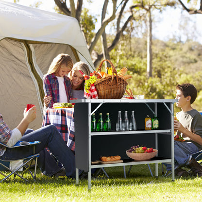 Goplus Folding Camping Table, Aluminum Portable Pop-Up Bar Table with 2-Tier Storage Shelves