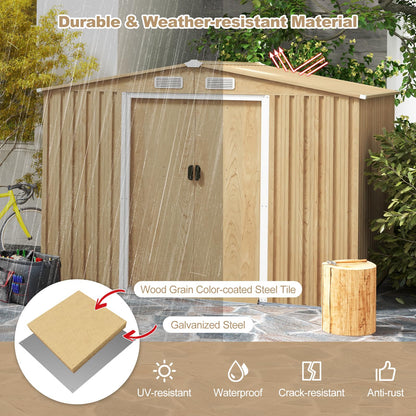 8' x 6' Woodgrain Outdoor Storage Shed, Galvanized Metal Tool House Organizer w/Base Floor, 4 Vents
