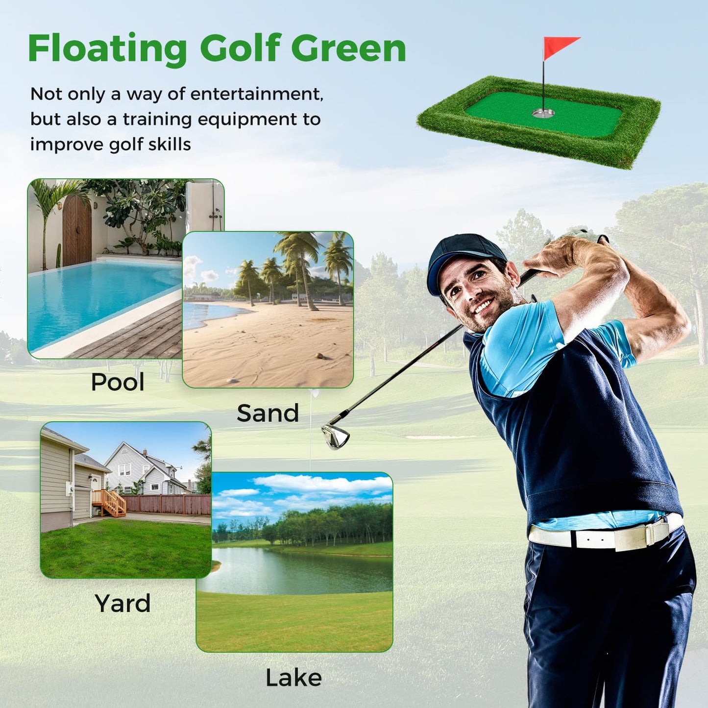 Floating Golf Green for Pool, Chipping Green Mat w/Hitting Mat, Golf Balls, Rectangle, 37.5" x 25.5"