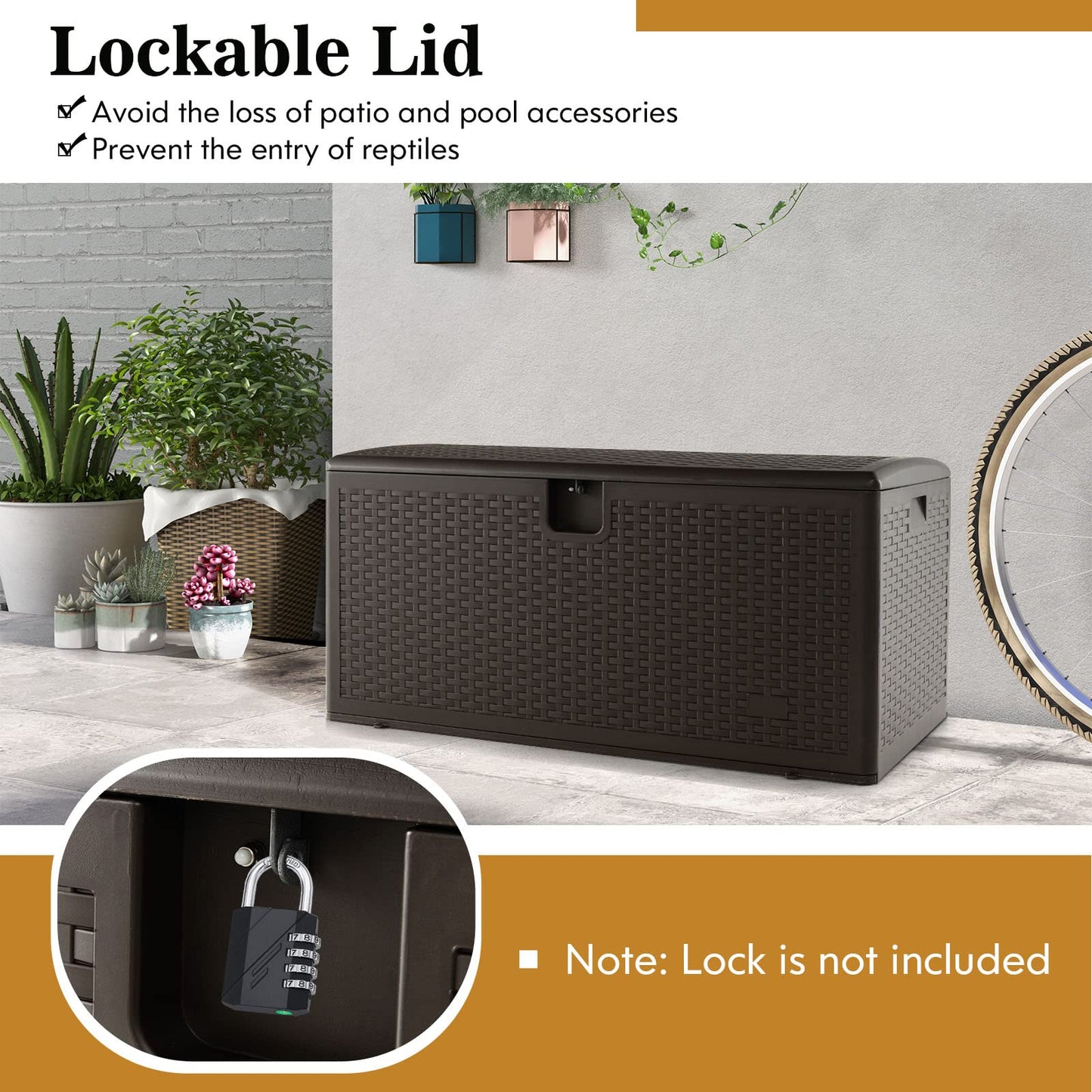 Outdoor Storage Box, 31 73 100 Gallon Waterproof Resin Patio Storage Box with Lockable Lid, Side Handle for Pillows, Cushions