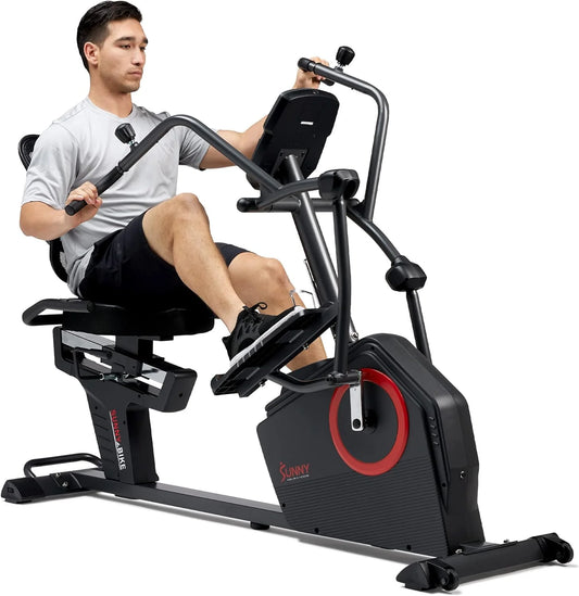 Sunny Health & Fitness Electromagnetic Recumbent Cross Trainer Exercise Elliptical Bike w/Arm Exercisers, Easy Access Seat & Exclusive SunnyFit�?App Enhanced Bluetooth Connectivity - SF-RBE4886SMART