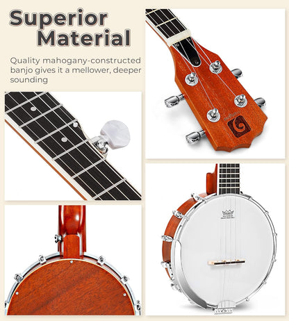 String Banjo 26 Inch, MINI Travel Banjo, Banjo Beginner Kit with Remo Head, Open Back & Closed Solid Back with beginner Kit, Comfortable Carrying Bag