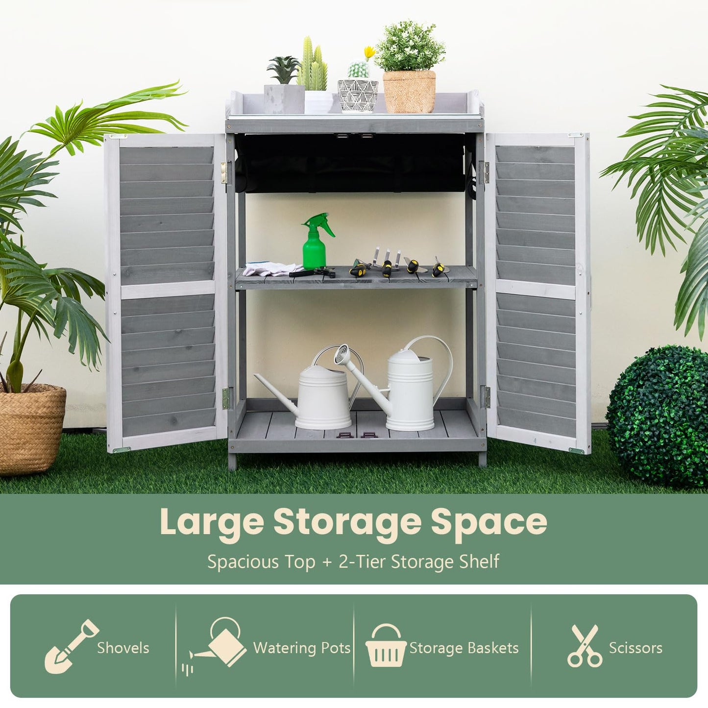 Goplus Outdoor Potting Bench Table, Garden Storage Cabinet w/Metal Tabletop