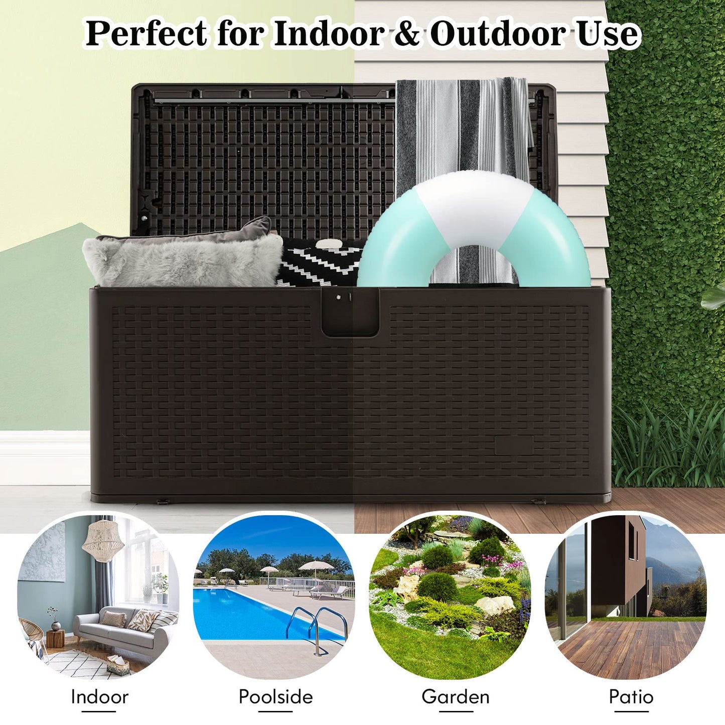 Outdoor Storage Box, 31 73 100 Gallon Waterproof Resin Patio Storage Box with Lockable Lid, Side Handle for Pillows, Cushions