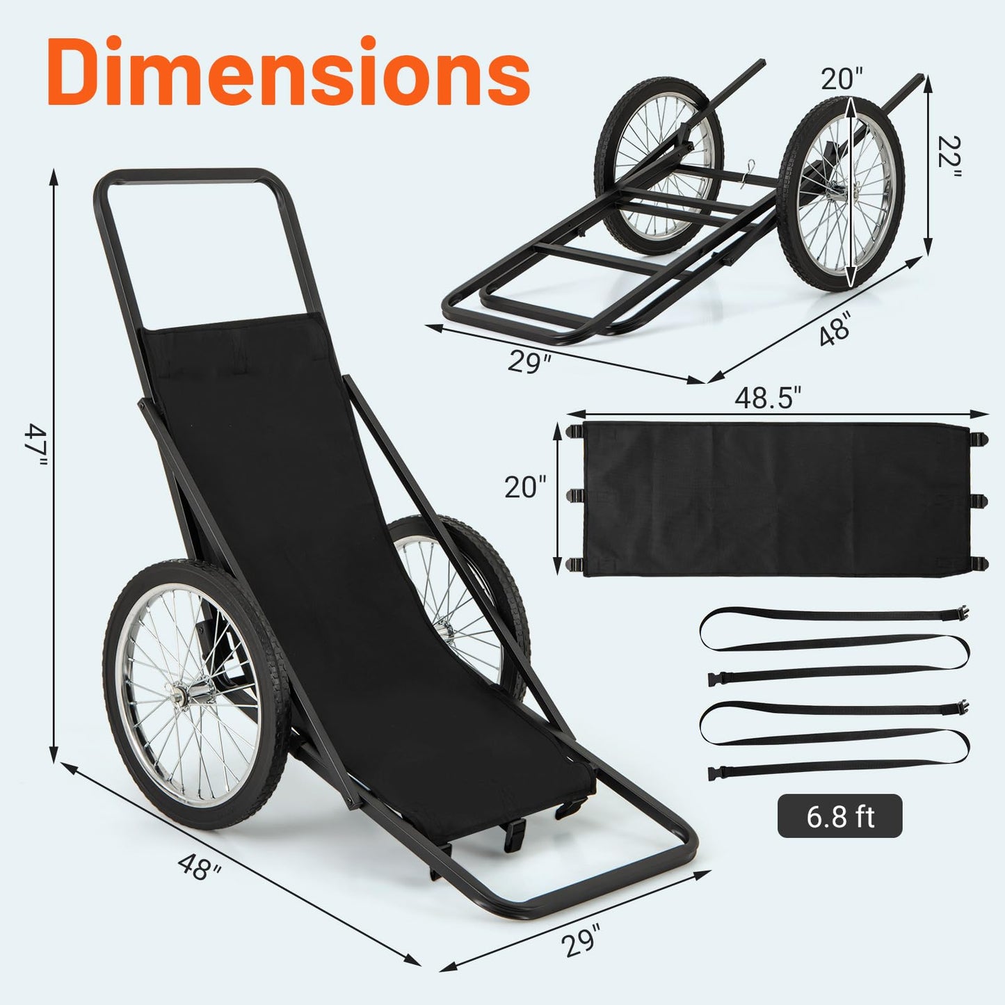 Folding Deer Cart with Polyester Liner, 550 LBS Heavy-Duty Hunting Game Hauler with 20" Rubber Wheels, Ergonomic Handle