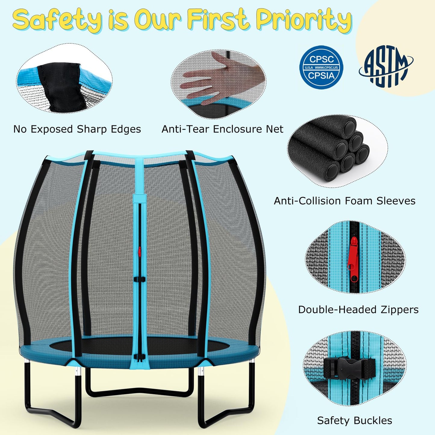 55" Trampoline for Kids, ASTM Approved Toddler Mini Trampoline w/Safety Enclosure Net
