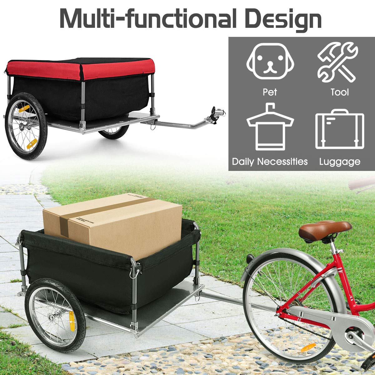 Cargo Bike Trailer, Folding Frame Quick Release 16" Wheels Bicycle Cargo Trailer