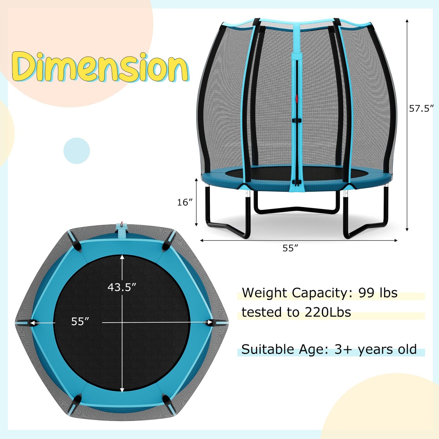 55" Trampoline for Kids, ASTM Approved Toddler Mini Trampoline w/Safety Enclosure Net