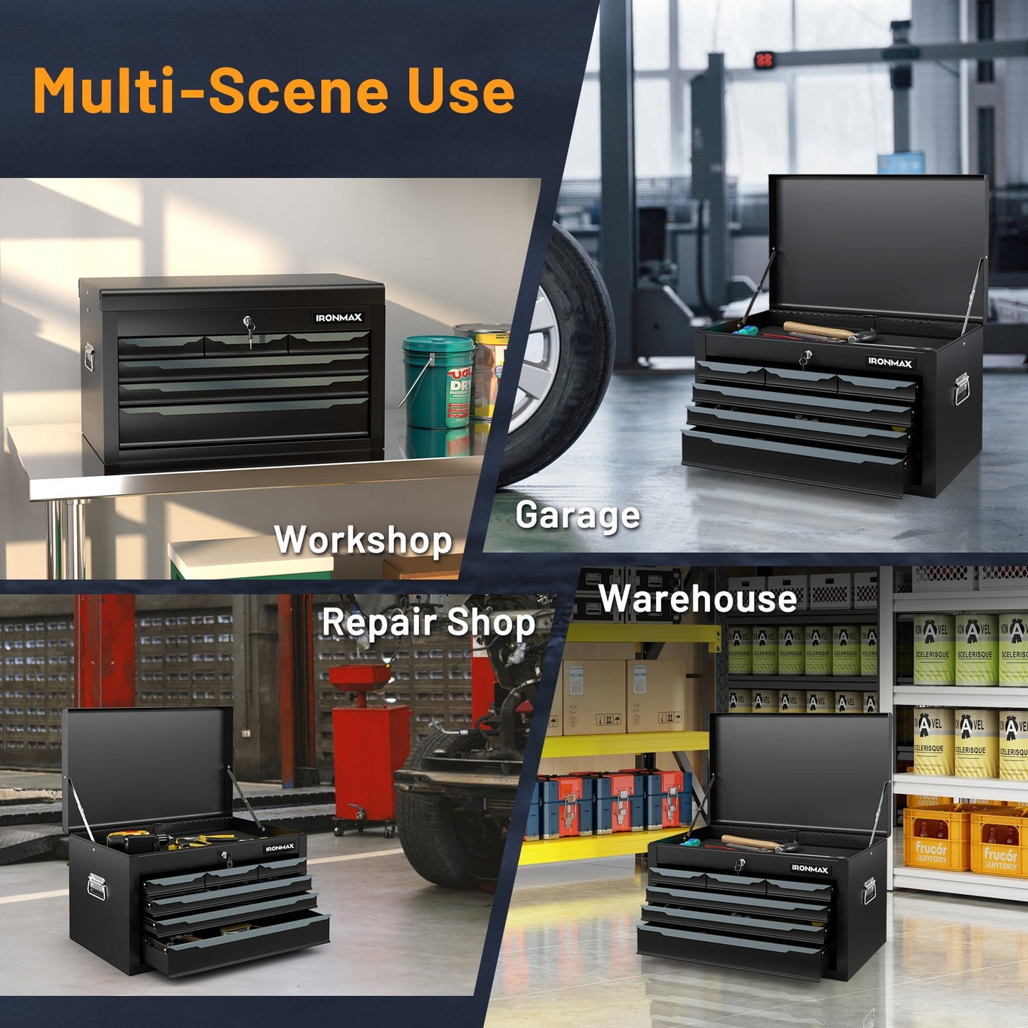 Steel Tool Box, 24�?Tool Chest Case with 6 Drawers, Top Storage, Automatic Lock