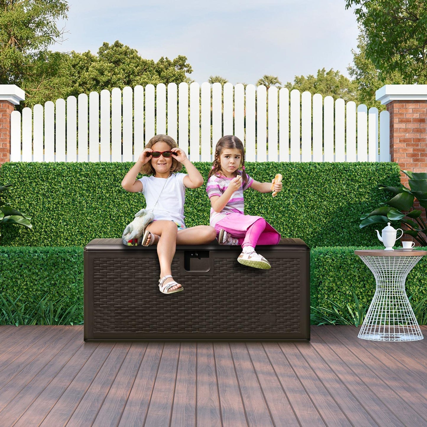Outdoor Storage Box, 31 73 100 Gallon Waterproof Resin Patio Storage Box with Lockable Lid, Side Handle for Pillows, Cushions