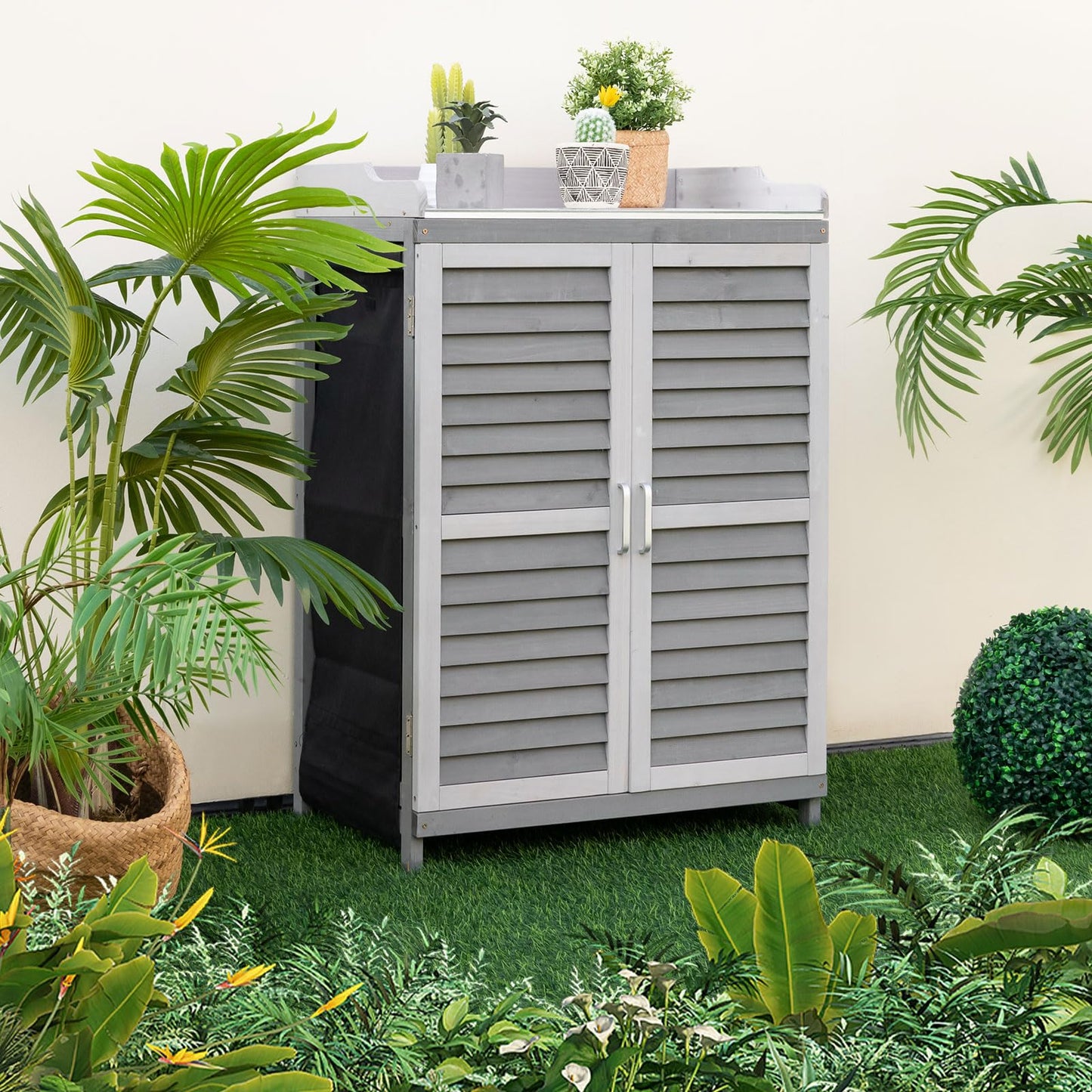 Goplus Outdoor Potting Bench Table, Garden Storage Cabinet w/Metal Tabletop